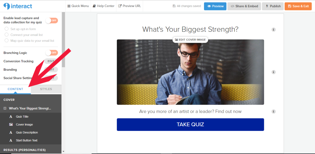 Interact quiz builder with arrow pointing to Content section of Quiz menu highlighted