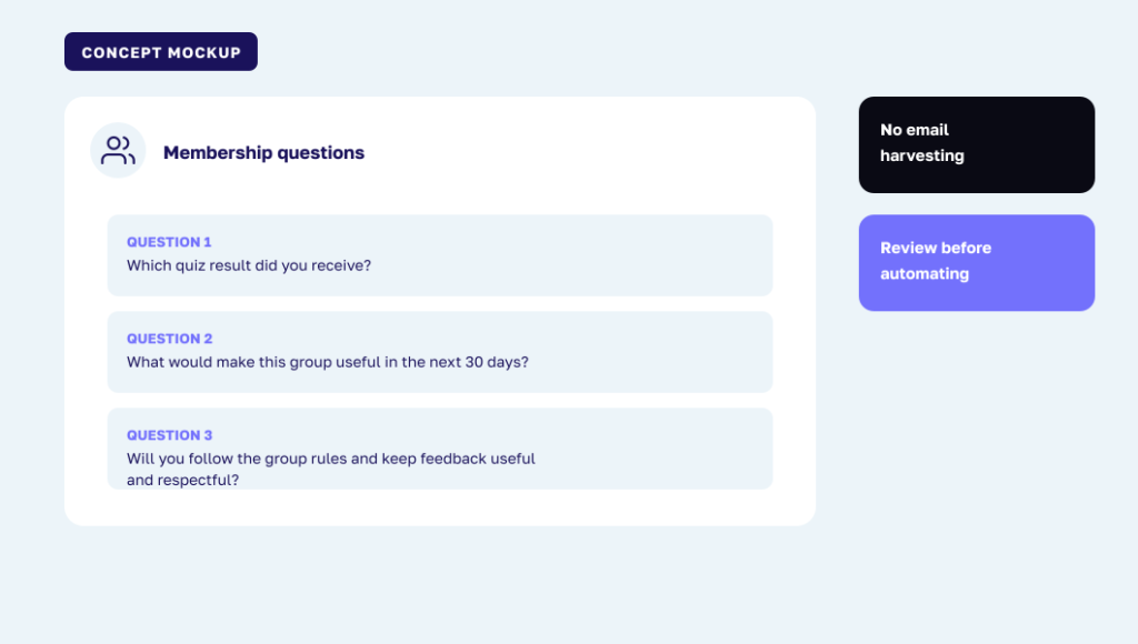Facebook group questions designed for fit, routing, and rule acknowledgment.