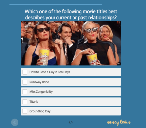 women watching movies with quiz question abot what movie describes your relationships