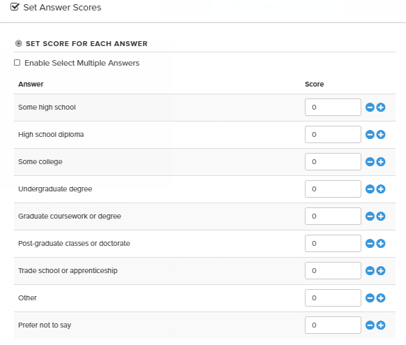 scored quiz answer settings