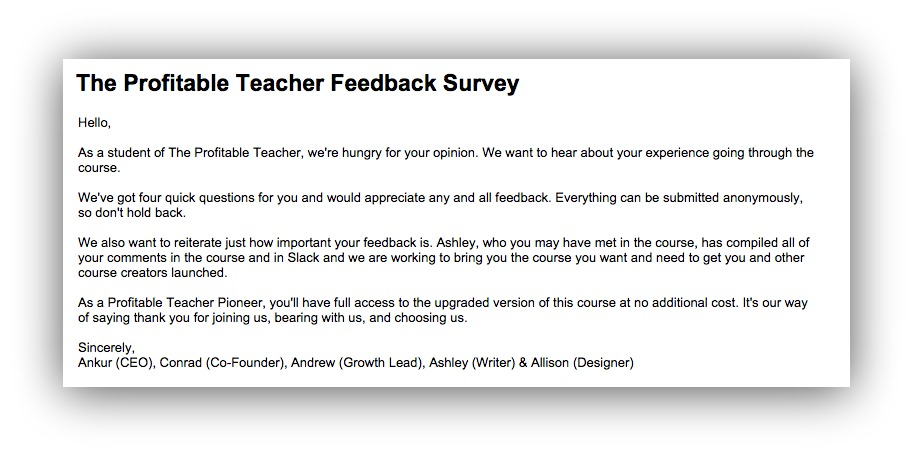 intro letter to survey from Profitable Teacher
