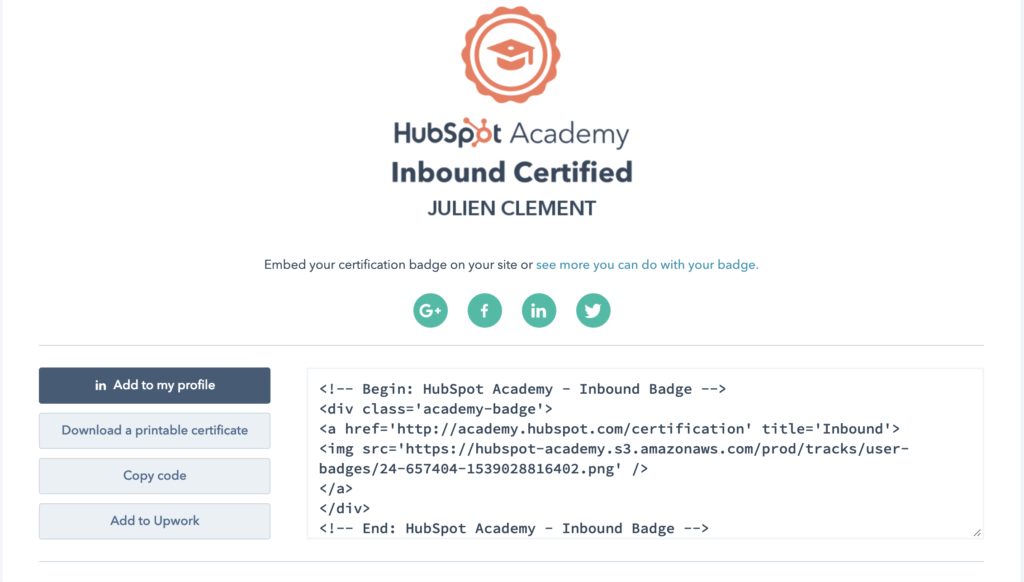 badge from Hubspot showing Inbound certification