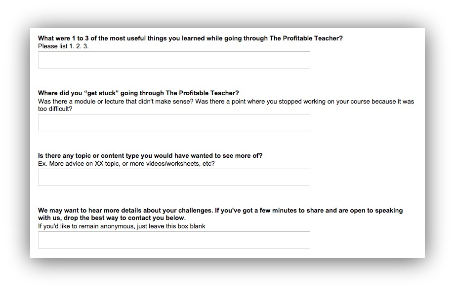 survey questions from The Profitable Teacher