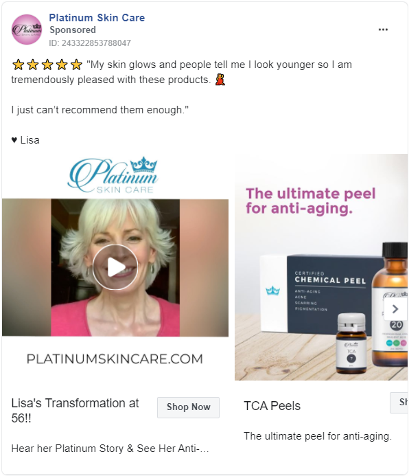 Another woman's testimonial in Facebook ad