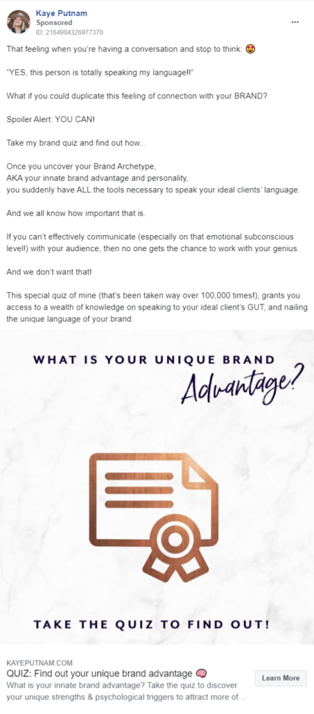 quiz ad for Kaye Putnam's quiz