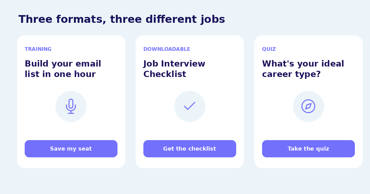 Examples of a webinar signup page, a focused checklist, and a quiz cover page.