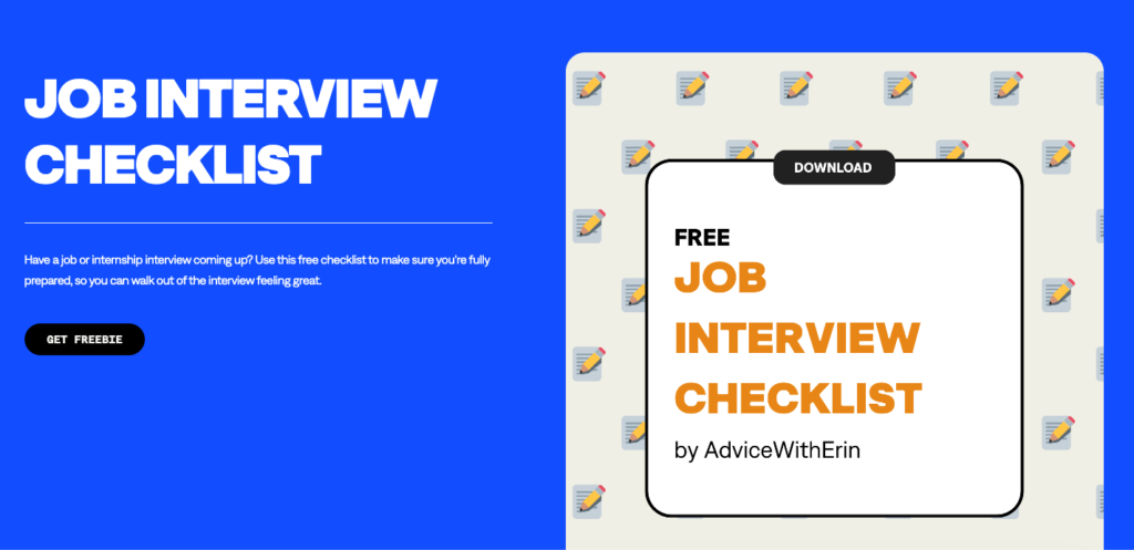 Advice With Erin free tools page with the checklist, worksheet, and guide options highlighted