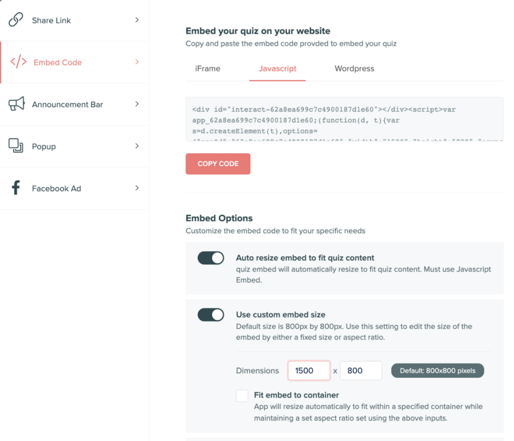 Adjust javascript embed code in interact