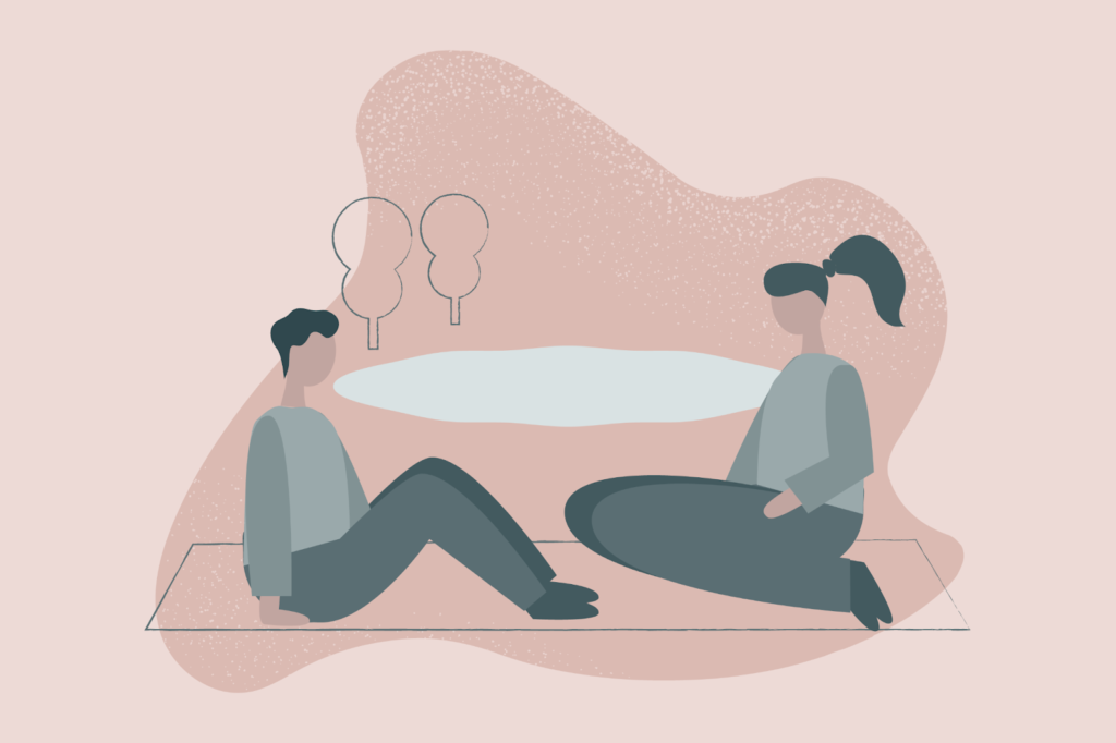 (Illustration of two people sitting by a pond, deep in conversation)