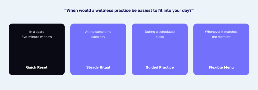 Four wellness quiz answer choices mapped to routine types.