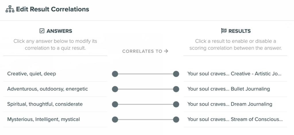 Setting up quiz result correlations