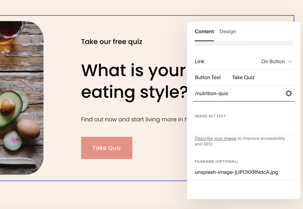 link home page button to quiz in squarespace