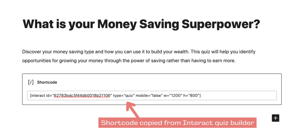 Shortcode copied from Interact quiz builder