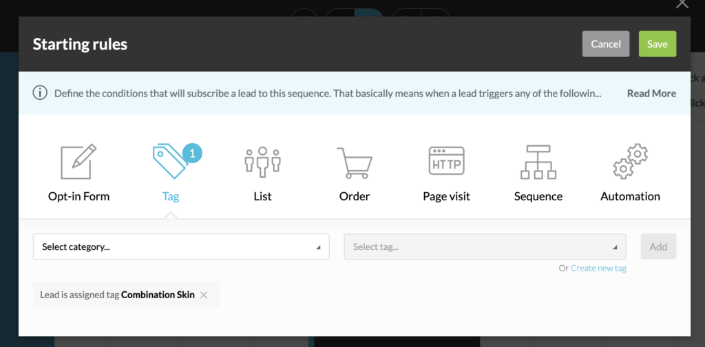 tag setup for quiz result sequences kartra