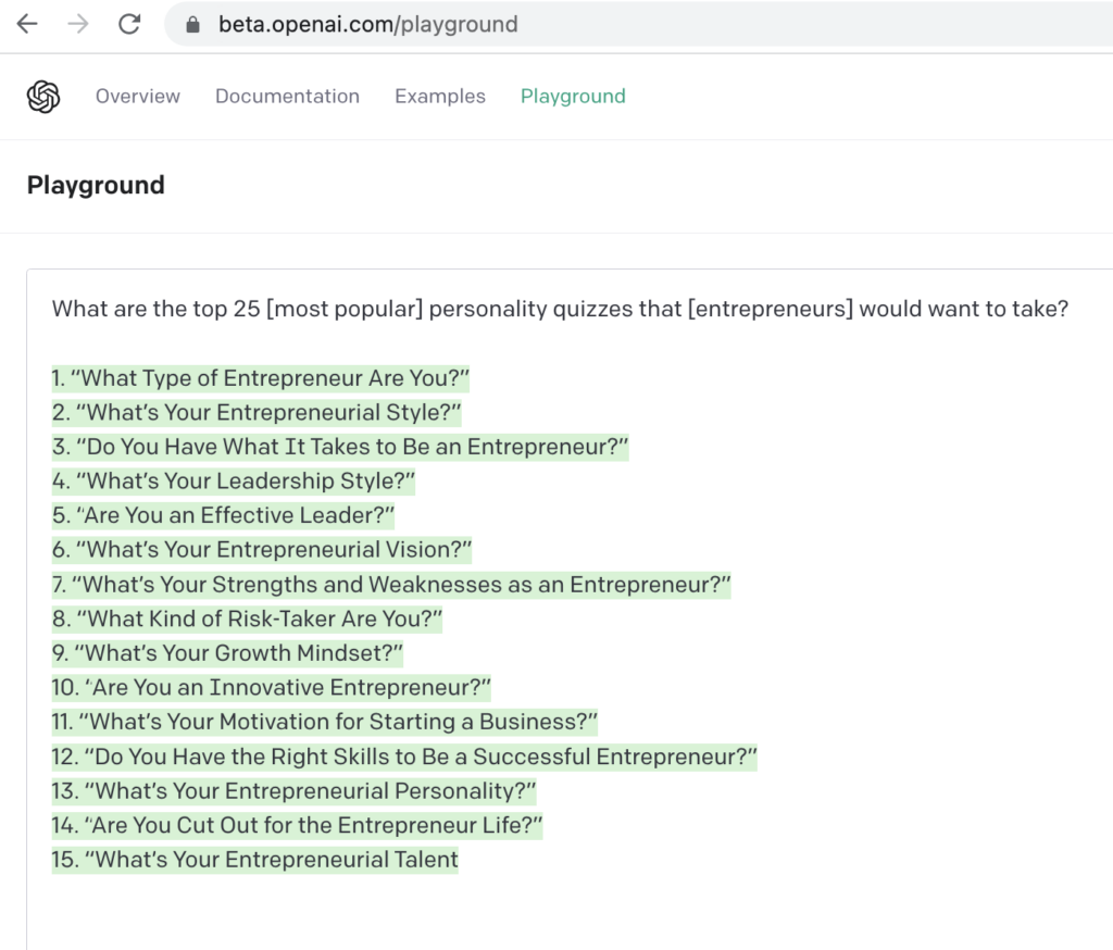 OpenAI generate personality quiz titles