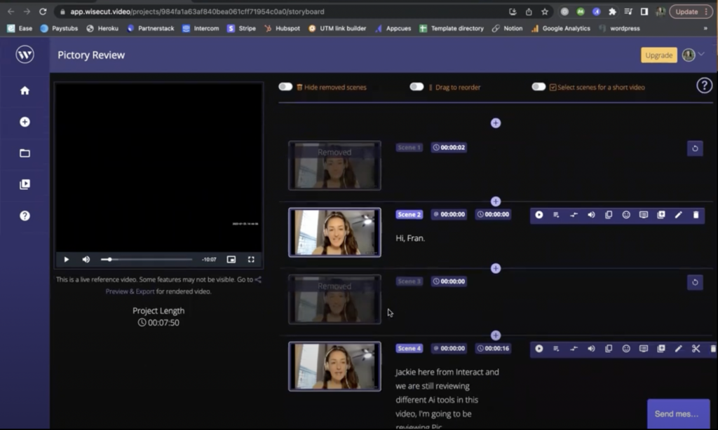 Screen Shot of Wisecut AI video editing tool from Jackie's how to video, 4:30 minutes