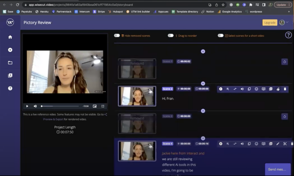 Screen Shot of Wisecut AI video editing tool from Jackie's how to video, 5:14 minutes