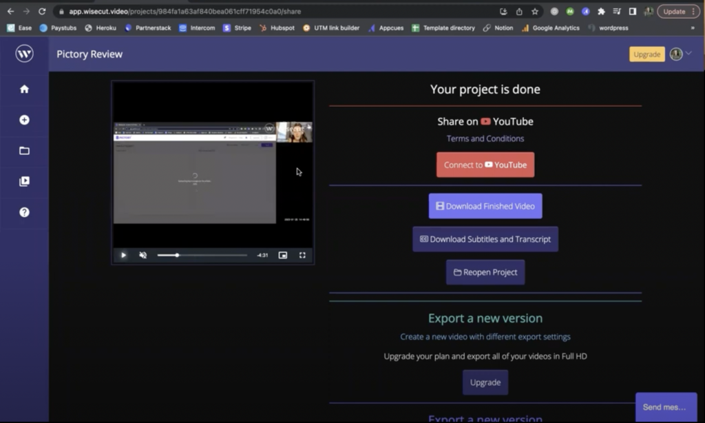 Screen Shot of Wisecut AI video editing tool from Jackie's how to video, 14:06 minutes