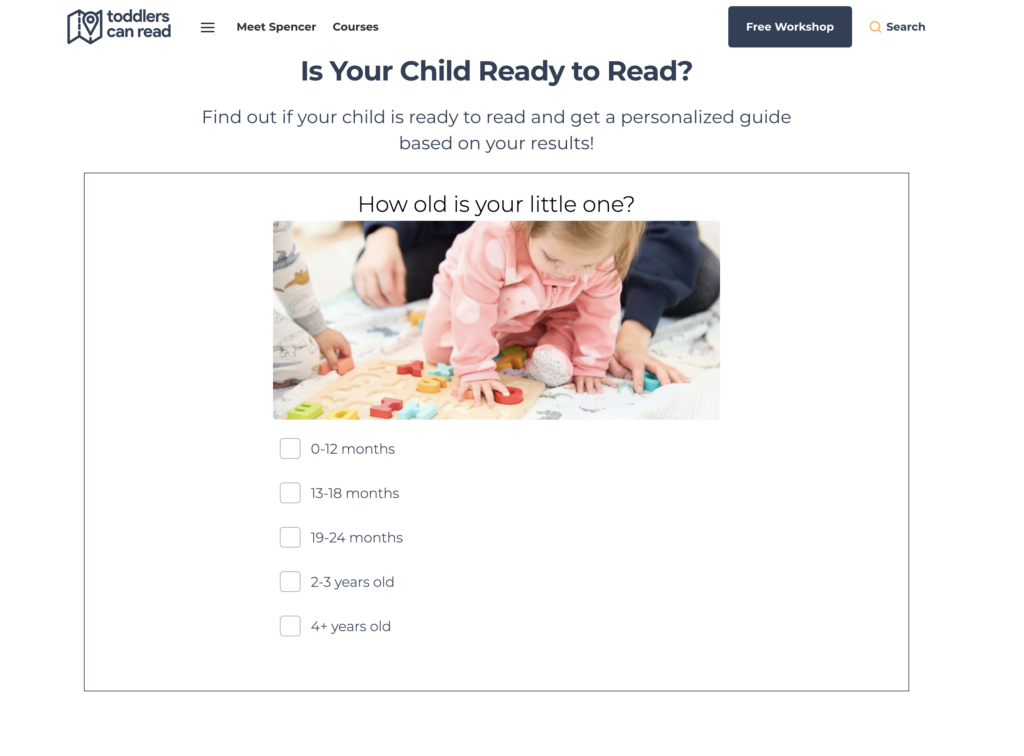 Screenshot of the Toddlers Can Read Quiz on their website