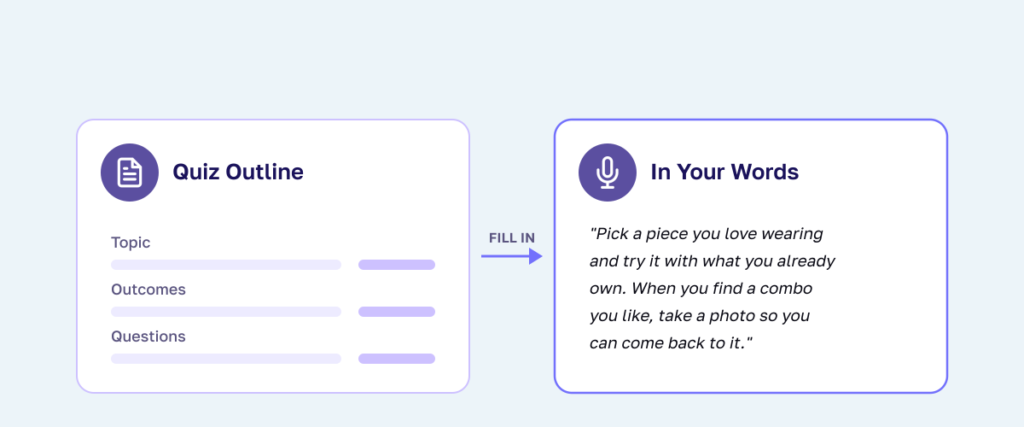 a simple quiz outline beside a voice-note transcript filling in one outcome