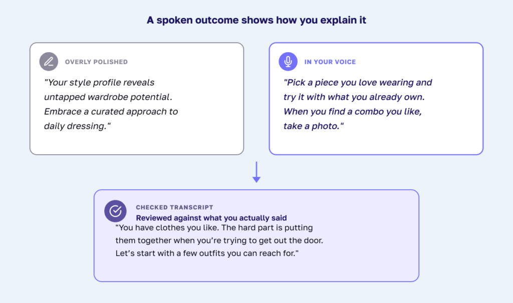 two fictional wording examples beside a checked transcript