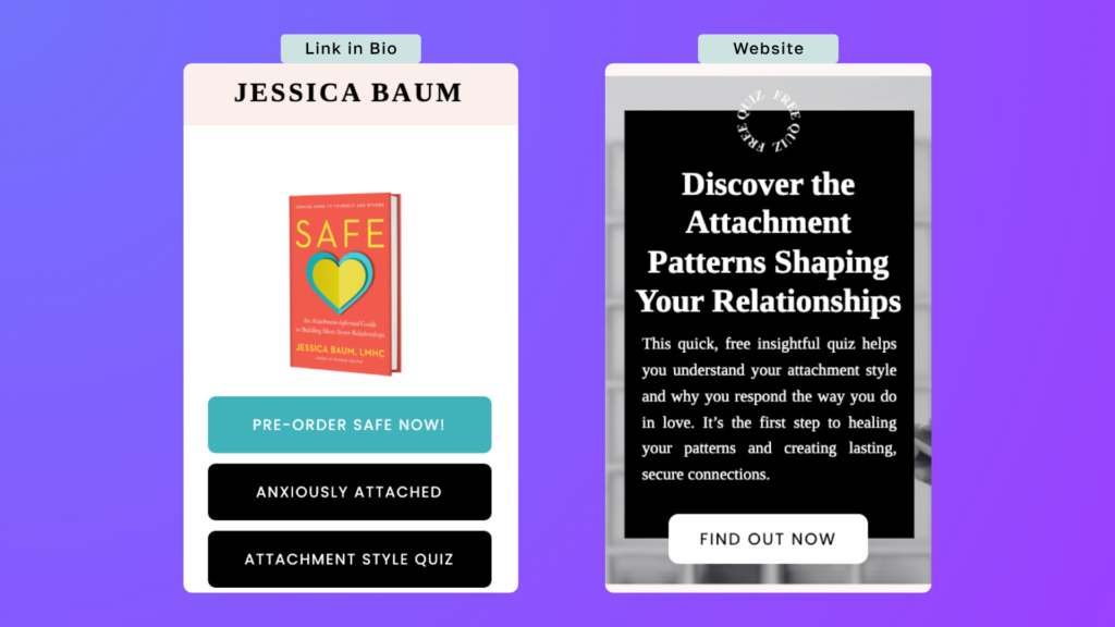 Jessica Baum featuring her attachment style quiz in her link in bio from Instagram and on her website.