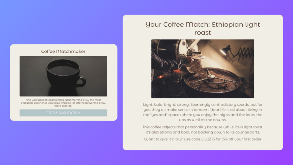 Coffee Matchmaker quiz with product result based on personality
