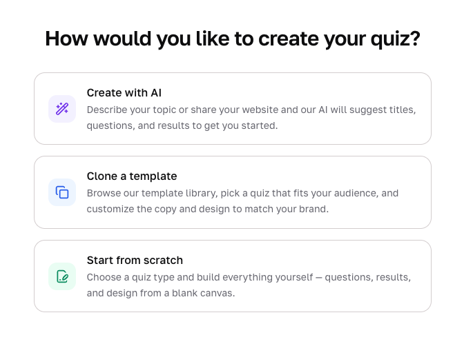 Three entry paths into Interact, AI-assisted, template, and from scratch, converging on the same review checklist.