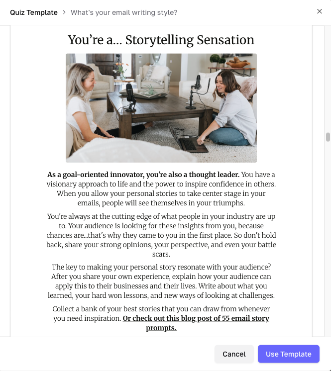 example of a personality quiz result template inside of Interact.