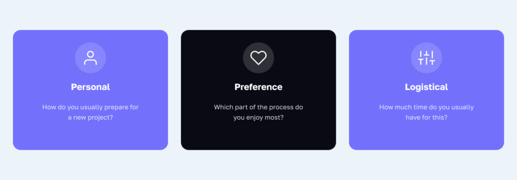 Three question lenses with examples: personal, preference, and logistical.]