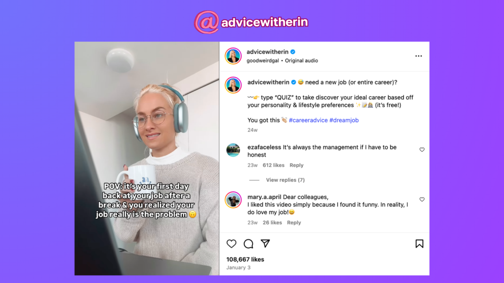 Advice With Erin's reel promoting her career quiz
