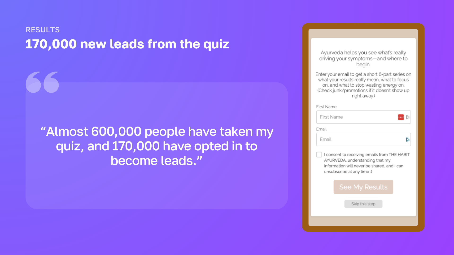 The Habit Ayurveda Lead Generation Results Slide, Showing the Opt-in Form of their quiz