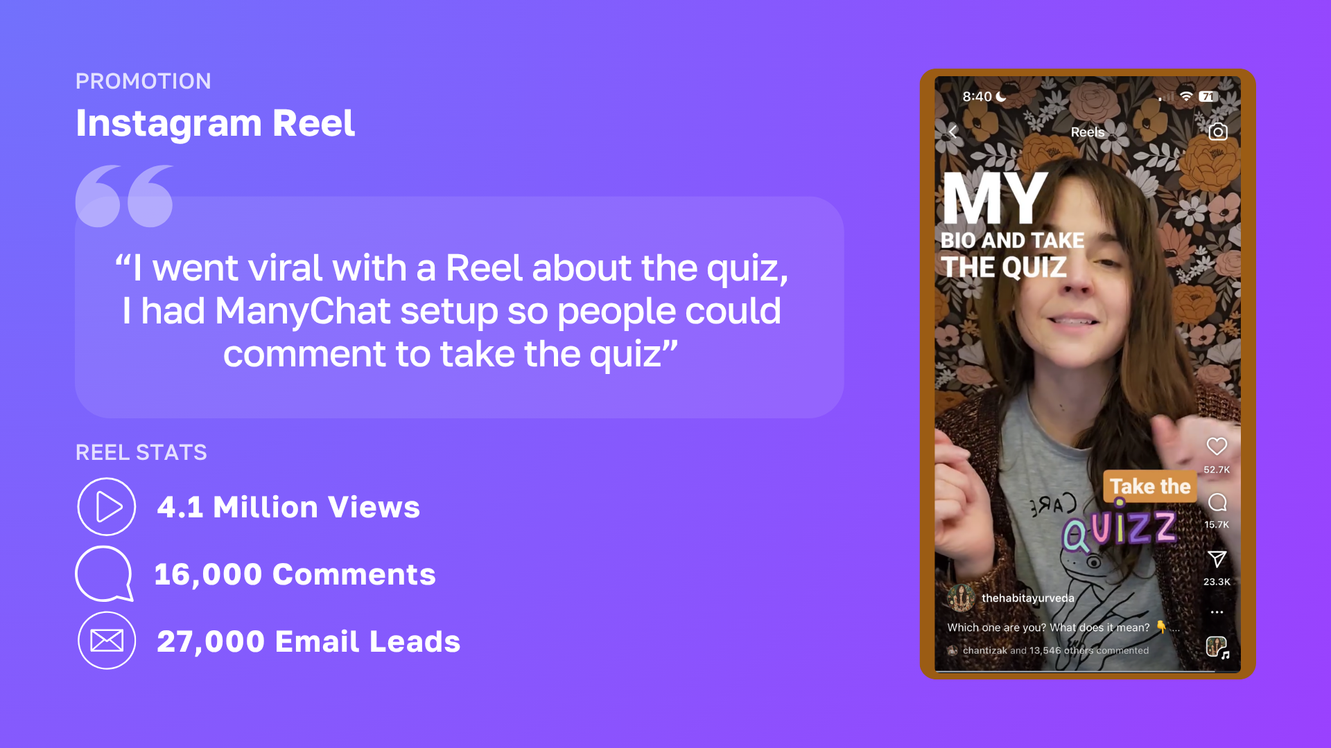 The Habit Ayurveda Instagram Reel about a quiz that drove 27,000 new leads through a Manychat automation