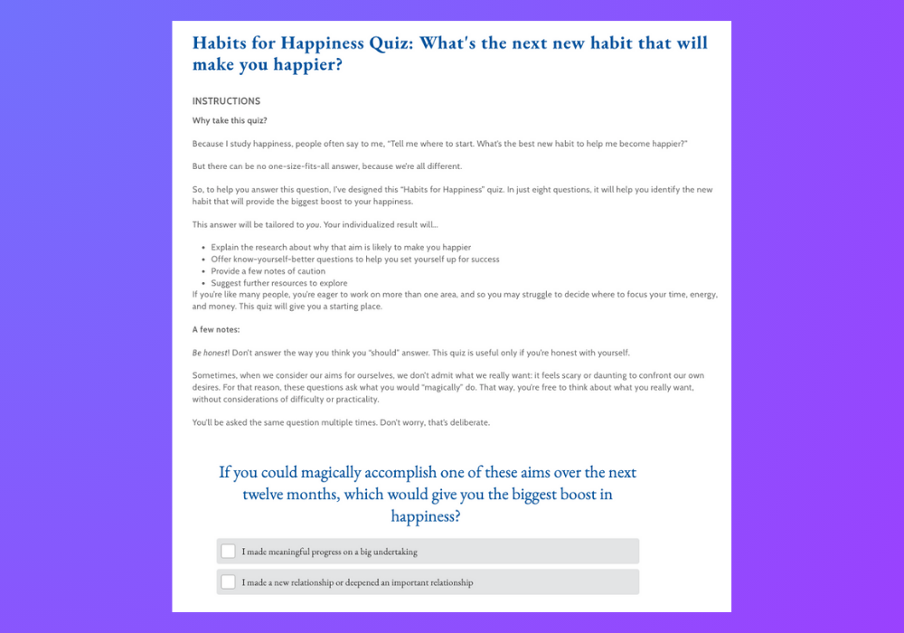 Gretchen Rubin Habits for Happiness Cover Page and First Question Screenshot