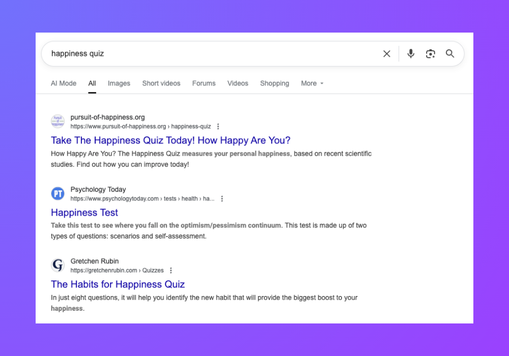 Gretchen Rubin Happiness Quiz Ranking #3 in search result for the term "Happiness Quiz"
