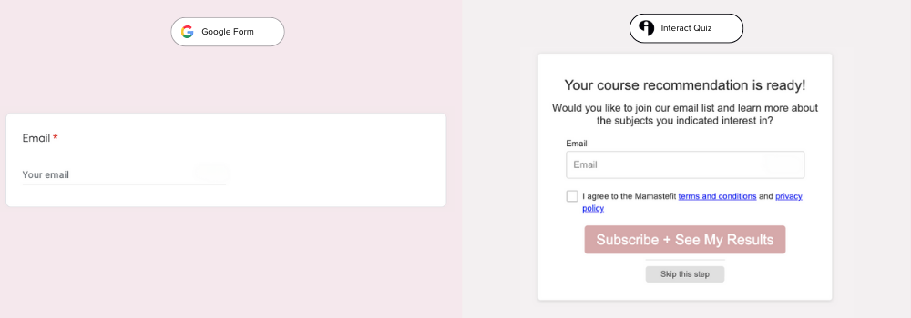 Google Form versus Interact Quiz Lead Generation Form at the end