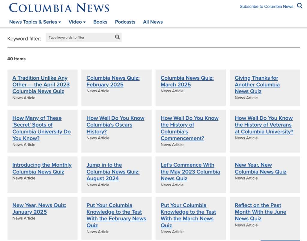 Columbia news quiz archive page showing all news quizzes they have created