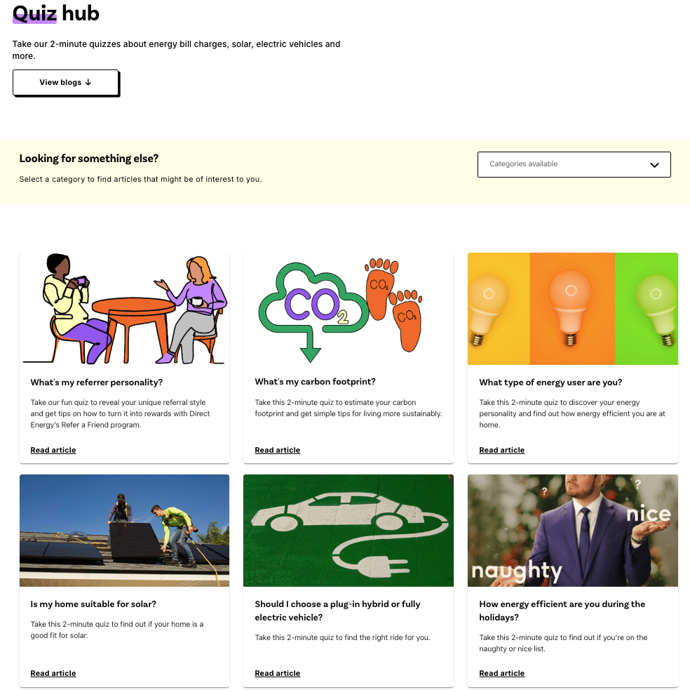 Direct Energy Quiz Hub Showing the Most Recent Quizzes Created on the Platform