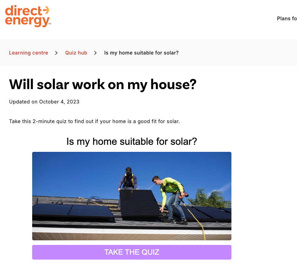 Direct Energy Quiz "Is my home suitable for solar?" Screenshot
