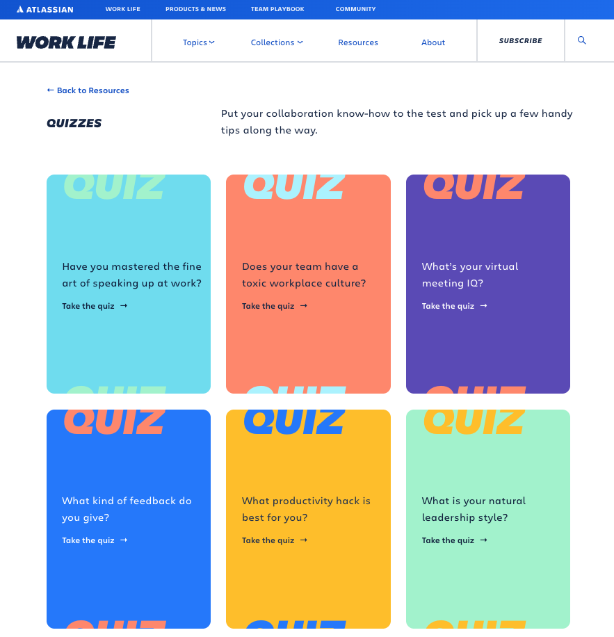 Atlassian Quiz Resource Center Showing a list of most recent quizzes published