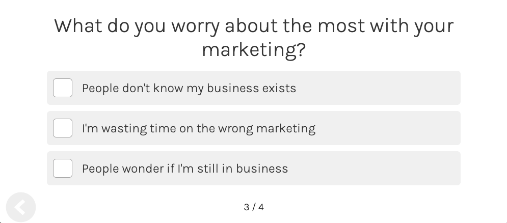Enji Quiz Question Screenshot asking what people worry about the most with marketing