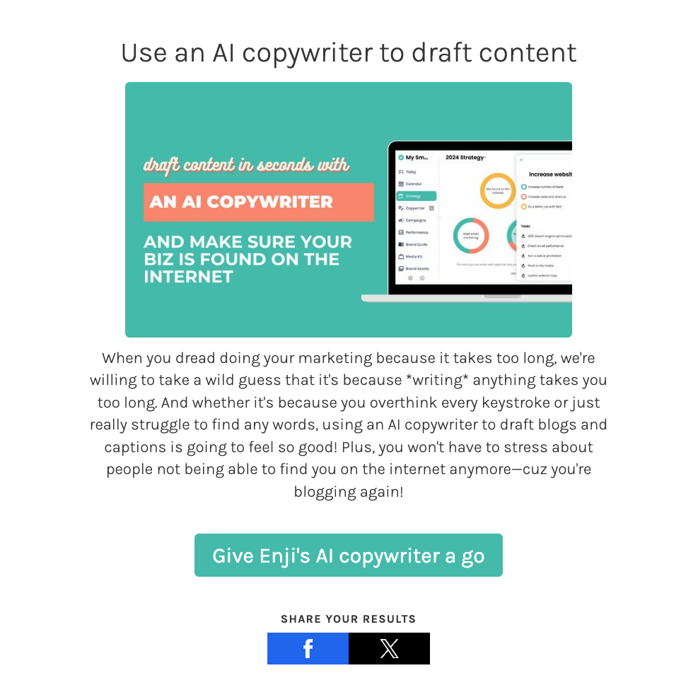 Enji Marketing Quiz Result Recommending using AI to draft content