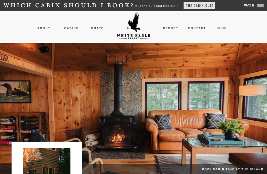 White Eagle Resort Home Page showing the quiz button in the header