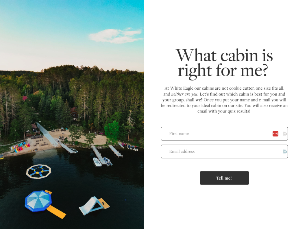 White Eagle Resort Quiz Opt In Form Flodesk integrated