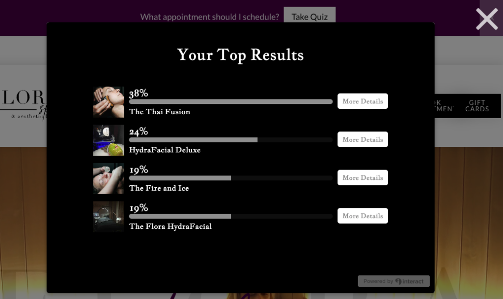 Flora Spa Service Recommendation Quiz Top Results Screen