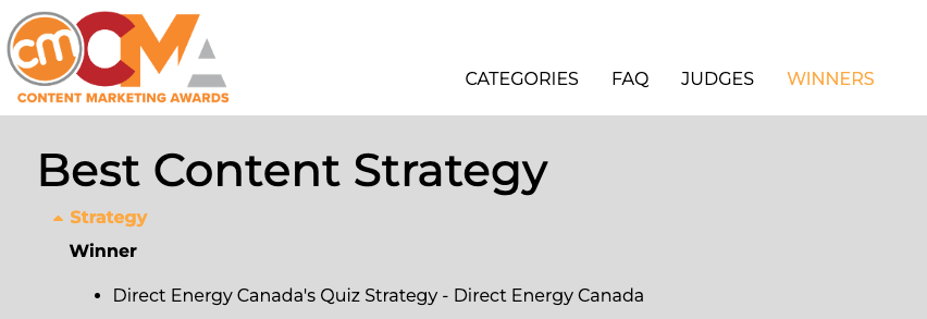 Best Content Marketing Strategy Award for Direct Energy Canada's Quiz Strategy