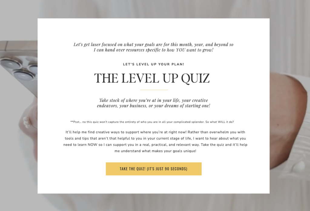 Jenna Kutcher custom quiz cover page for her Level up quiz