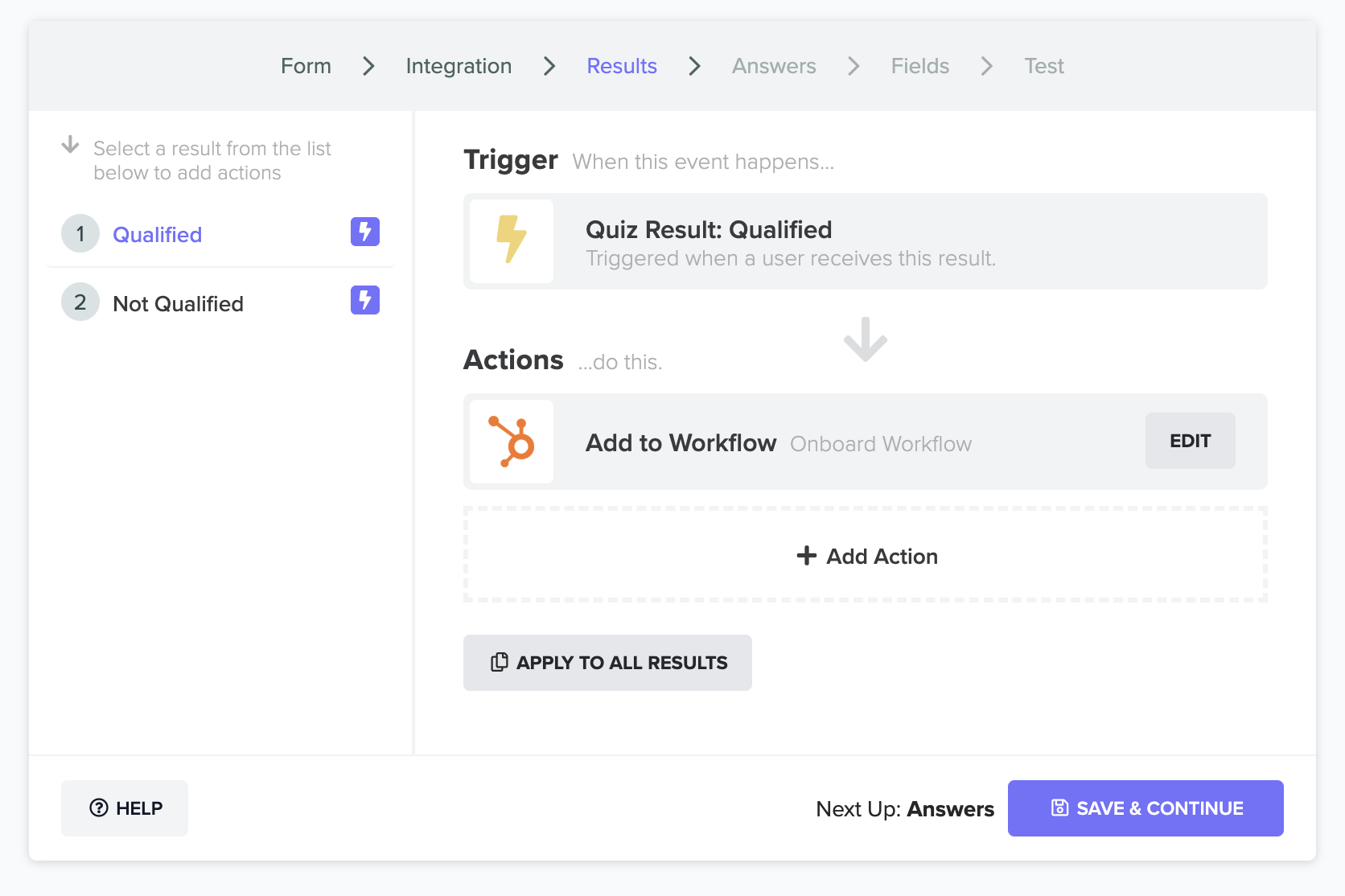 HubSpot connection to filter leads to different workflows based on their questionnaire results