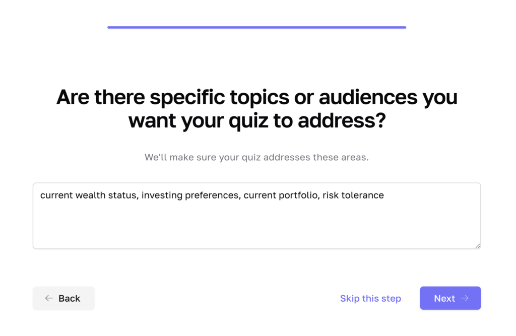 Interact AI form builder specifying what types of questions I want to ask in my form