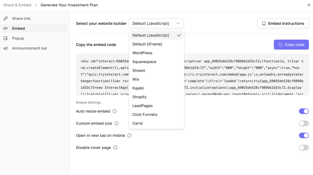 Interact form embed options